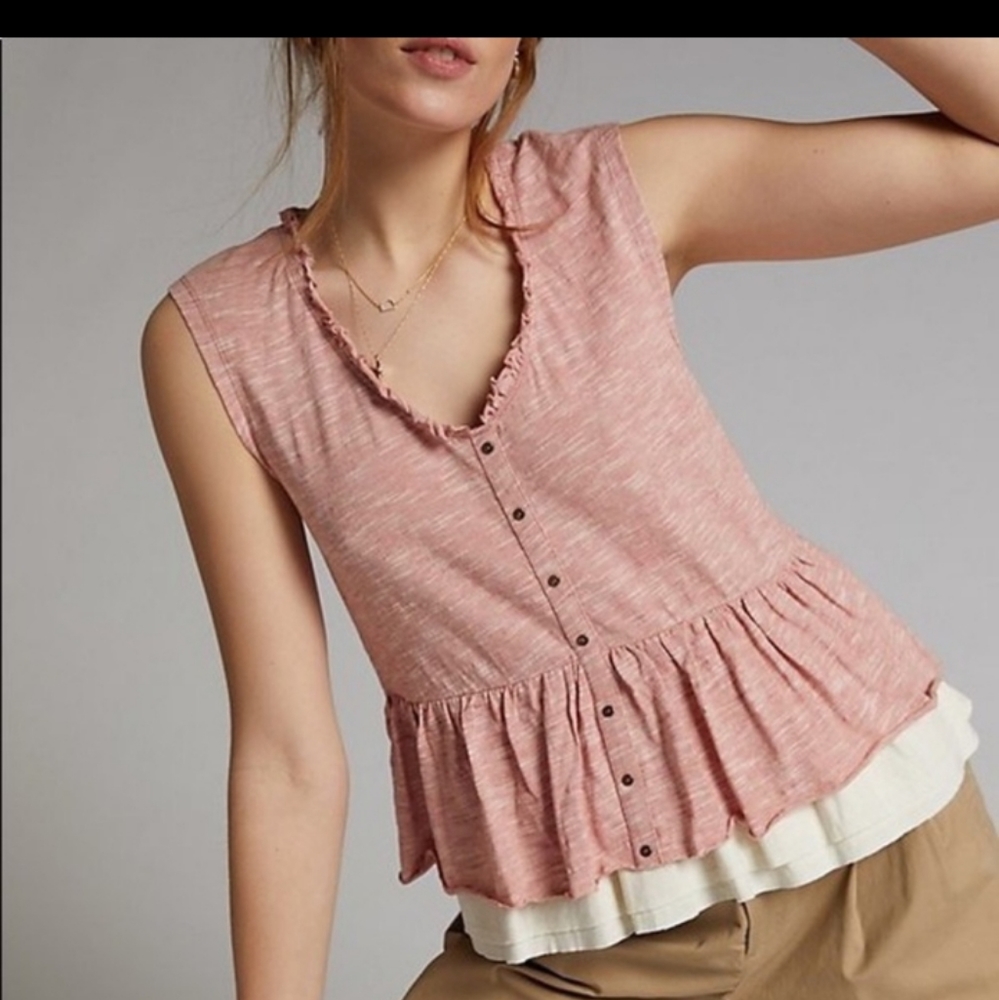 Anthro Pilcro Pink tiered button peplum tank top XL